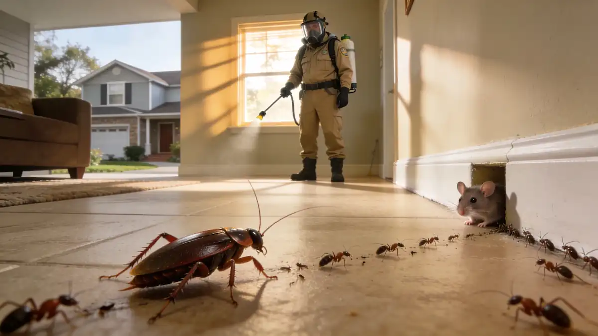 Pest control technician treating a home