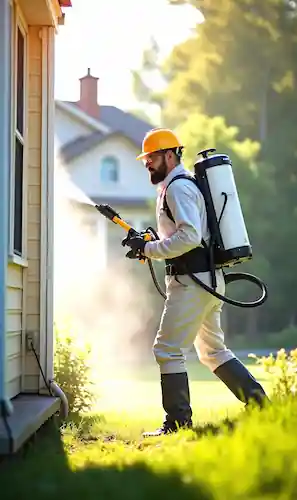Pest control technician applying exterior treatment