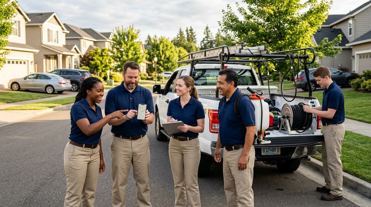 Pest control technicians beside a service truck checking a local map search on a smartphone to find new customers